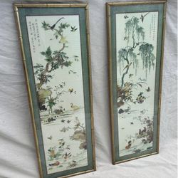 2 Vintage Chinoiserie Asian Artwork Watercolors Print Pictures