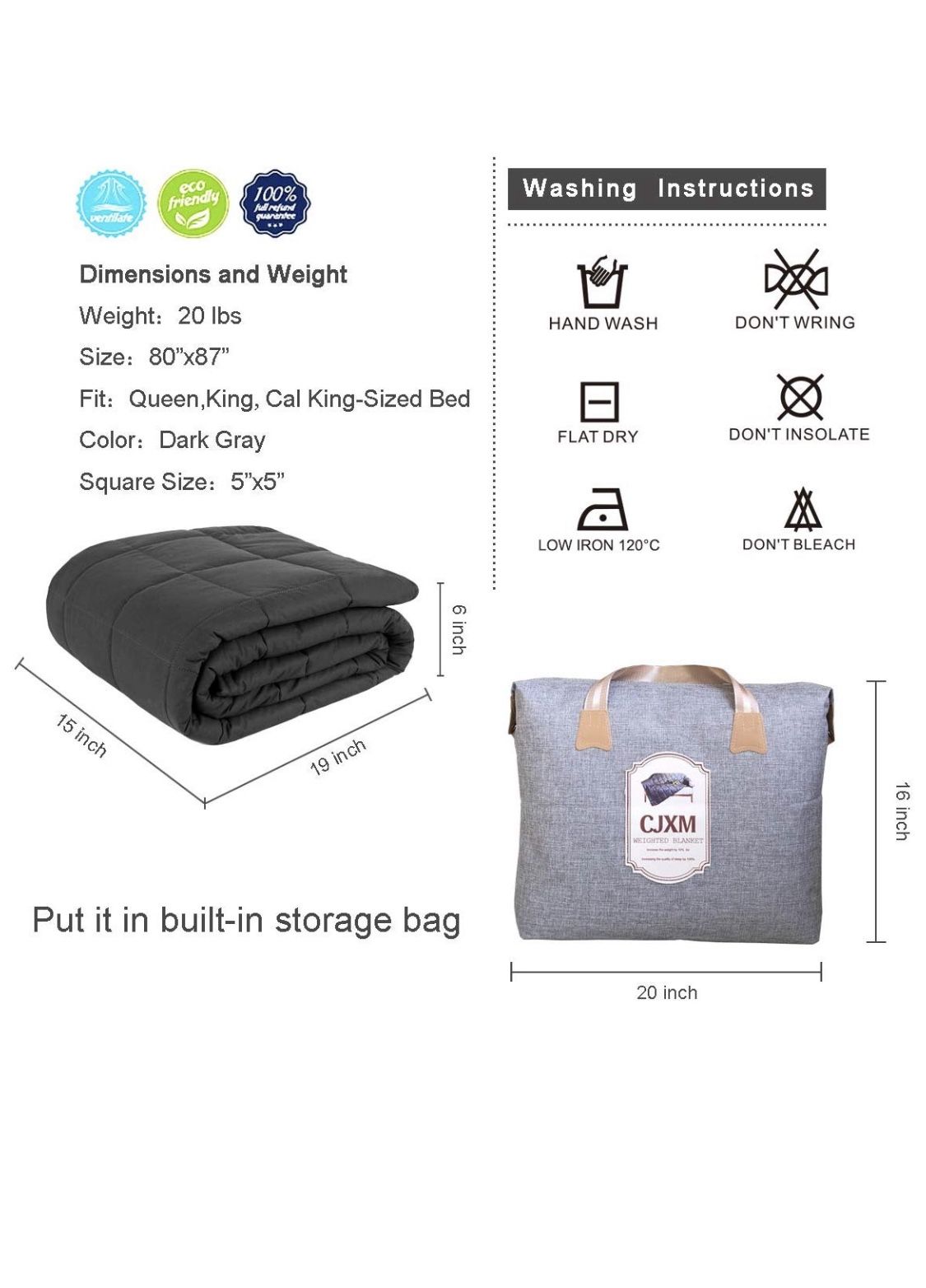 Adults Weighted Blanket (20 lbs,80''x87'',King Size,Dark Gray) 100 Cotton and Glass Beads 2.0