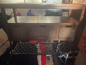 Large Rustic Solid Wood Console Cabinet with 3 Woven/Rattan Storage Drawers and Open Display Shelf
