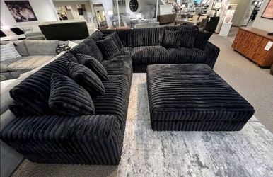 Black Corduroy Sectional Couch Set Fast Delivery Military Discount Only $39 down payment 👉 Please ask Jon Green for a discount when you arrive!