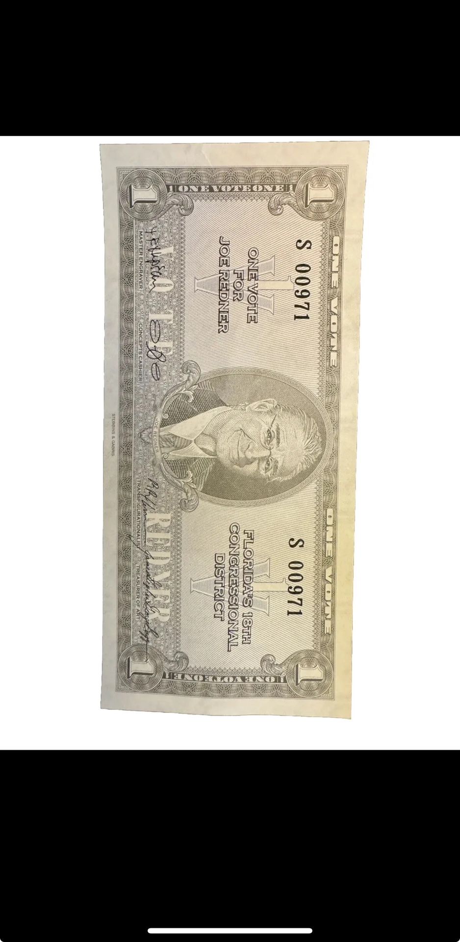 1 VOTE JOE REDNER POLITICAL NOTE STEBBINS & GABRIS; COMMISS. BY J. S. G. BOGGS!