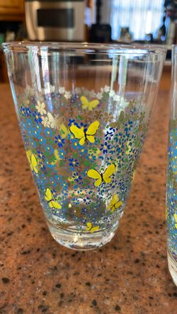Set Of 3 Anthropologie by Paule Marrot 5.5" Tumbler Drinking Glass Butterfly Flowers