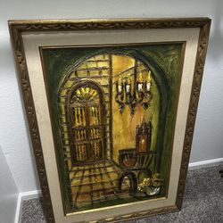 Large Mid-Century Framed Gothic Door Oil Painting by Etta Benjamin Cien