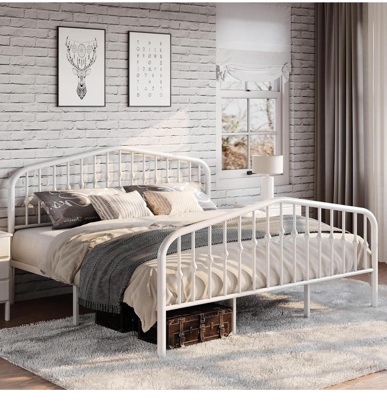 King Size Metal Platform Bed Frame Victorian Style, White S-61