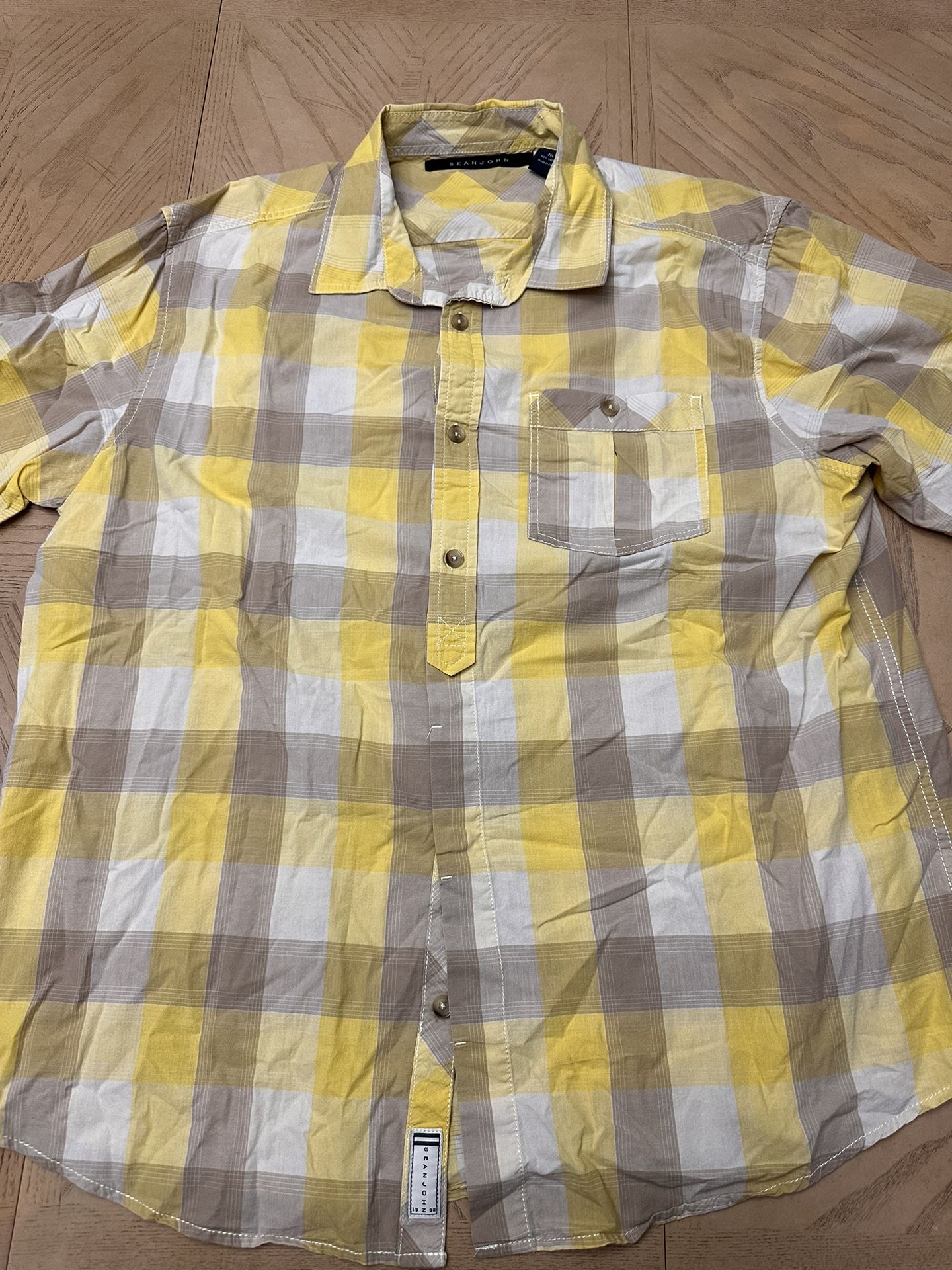 Sean John Shirt Men's Size XL yellow Plaid Button  Casual Classic Fit short Sleeve