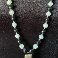 Hand Made Aventurine And Onyx Necklace With Antique Sterling Silver Square Bees 