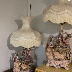 ANTIQUE  CAPODIMONTE ITALIAN LAMPS PAIR   $400