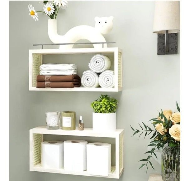 16" Floating Shelves with Hand-Woven Rattan Sides and Bottom, Set of 2