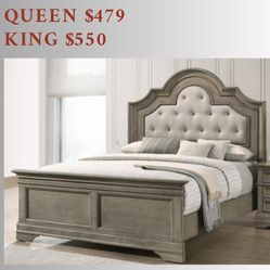 King Size Wooden Bed With Fabric Tufted Headboard $550