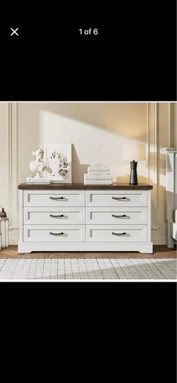 59” Farmhouse 6-Drawer Dresser – White & Walnut – New