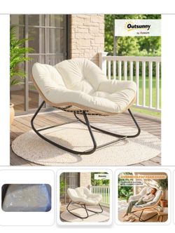 NEW Outsunny Papasan Rocking Chair Oversized Indoor Outdoor Cushion Beige