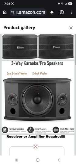 Elimavi 12" 3-Way Karaoke Speakers Pair, 1600W Peak, Built-in Crossover
6 Ohm Passive Speaker, Copper Banana Plugs, MDF Enclosure, Wall/Bracket Instal