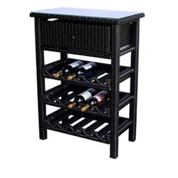 Wicker 15 Wine Bottle Rack Bar Console Table Stand Storage Tempered Glass Top w/ Drawer