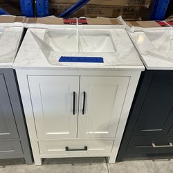 24” Bathroom Vanity in white , single sink soft close solid wood with vanity top in white  $349  Luke’s liquidations warehouse Address:  2434 N Forsyt