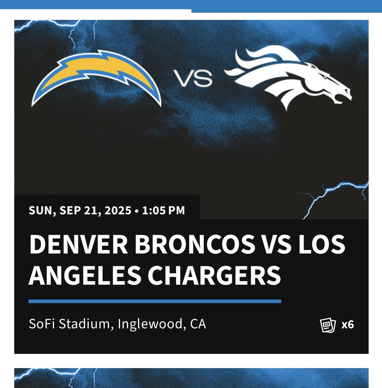 LA Chargers Vs DEN Broncos - 6 Seats - SEC 203