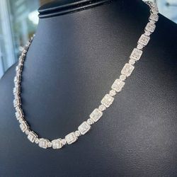 14k solid white gold vvs diamond baguette and round stones natural necklace pave flower set Thumbnail