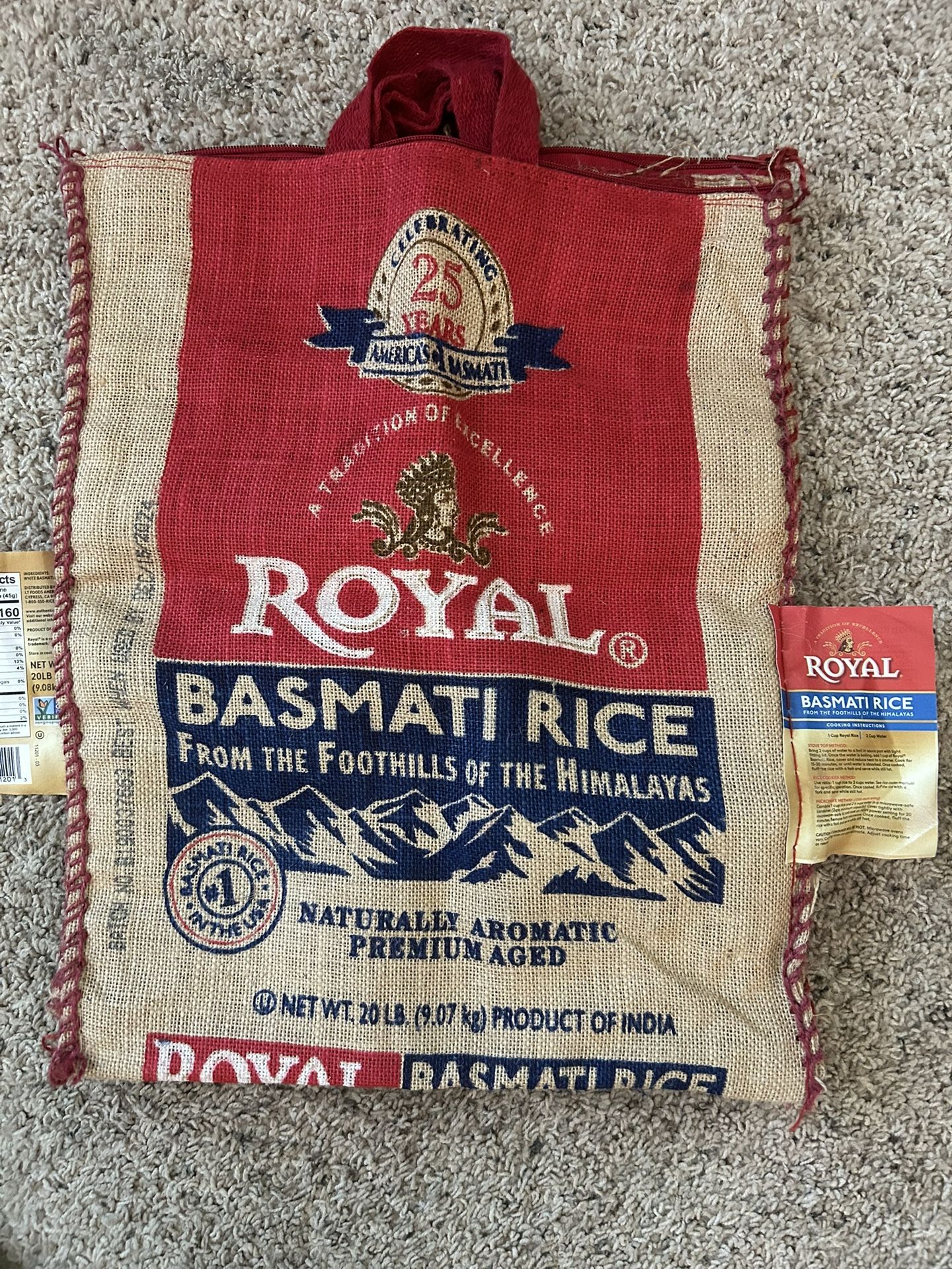 Royal basmati rice burlap zippered bag, no rice