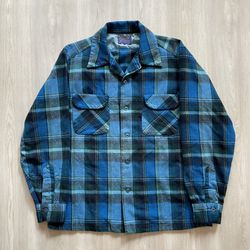 Vintage Pendleton Wool Flannel Board Loop Collar Flap Pocket Plaid Shirt  Mens Medium 