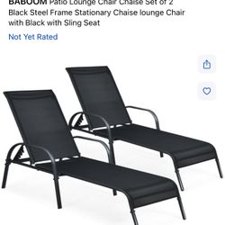 BABOOM Patio Lounge Chair Chaise Set of 2 Black Steel Frame Stationary Chaise lounge Chair with Black with Sling Seat