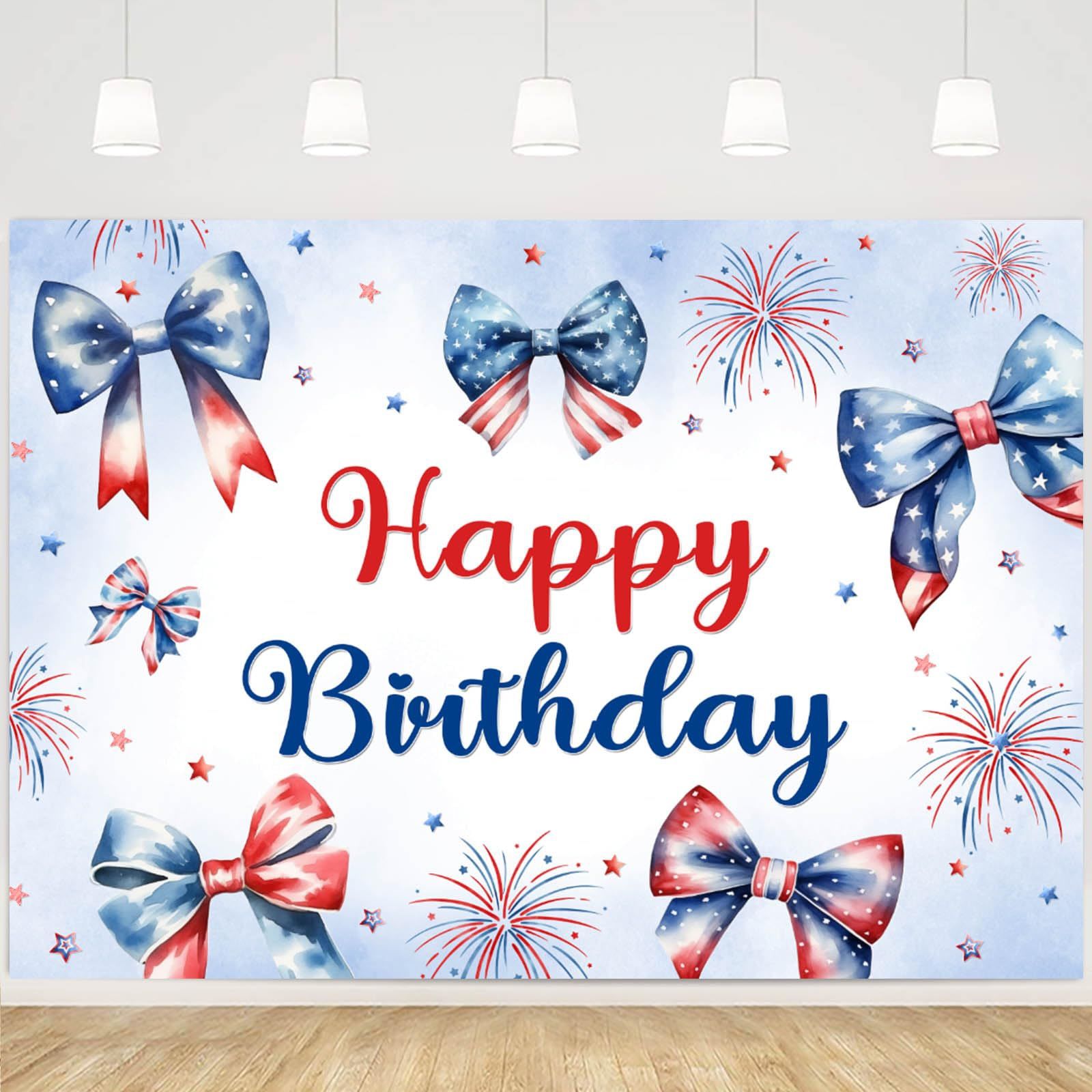 MEHOFOND 7x5ft 4th Of July Birthday Backdrop Coquette Happy Birthday Photography Background Red White Blue Patriotic Party Banner Independence Day Fir