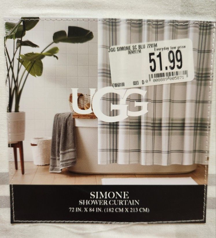 NEW UGG Simone 100% Cotton Tan and Blue Plaid 72x72 Shower Curtain “Blue Crush” (SW Santa Rosa)