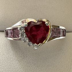 10k White Gold Heart Ruby, Pink Sapphire & Diamond Accent Bypass Ring Size 7