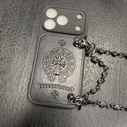 Chrome Hearts Leather iPhone Case with Silver Cross Emblem & Detachable Chain