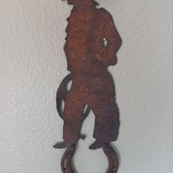 RUSTIC METAL COWBOY WITH HORSESHOE HOOK
