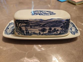 Liberty Blue Staffordshire Lafayette Landing at West Point Butter Dish w/ Cover