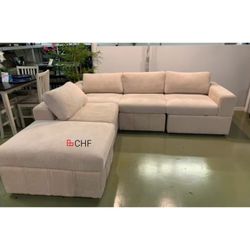 Beige Corduroy Modular Sectional Sofa With Ottoman 