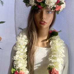 White Orchard With Pink Roses Ti Leaf Lei And Head Crown