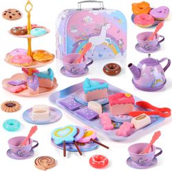 Pretend Tea Party Set for Girls, Princess Afternoon Tea Play Set, Beautiful Noble Gift for Age 3-6 Year Old, Toddler Toys Tea Party Set with Desserts 