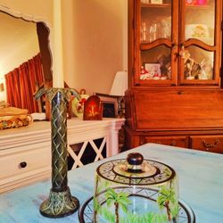 Glass Covered Dome & Cake Plate Hand Painted Palm Tree & Candle Stick Holder Set