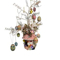 pink mushroom ceramic Easter tree with wooden oraments