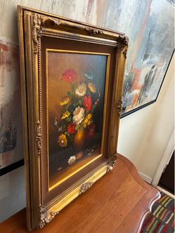 Vintage Floral Oil Painting Signed Bouchet Ornate Gold Frame Still Life 22.5” x 18.5”