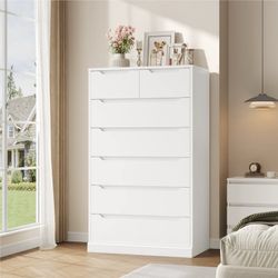 7 Drawer White Dresser, 51.3"H Wood Storage Cabinet with Upgraded Stable Base, Vertical Chest for Bedroom Living Room