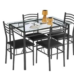 5 Pcs Dining Table Set, Home Dining Table and 4 Chairs Set with Tempered Glass Tabletop Padded Seat