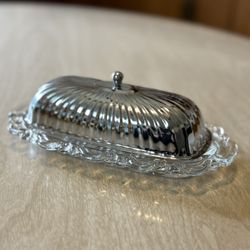 Vintage Clear Glass Scalloped Scroll Butter Dish w/Chrome Metal Lid