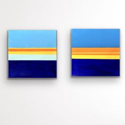 Set Of 2 Small Abstract Original Paintings Of Sunrise And Sunset At The Beach 