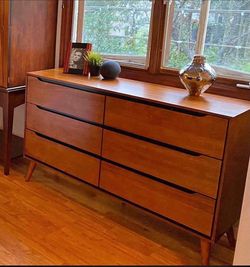 New Mid Century Dresser.  Oak Finish.  150 Lbs.  58”x17”x36”High.  Free Delivery!