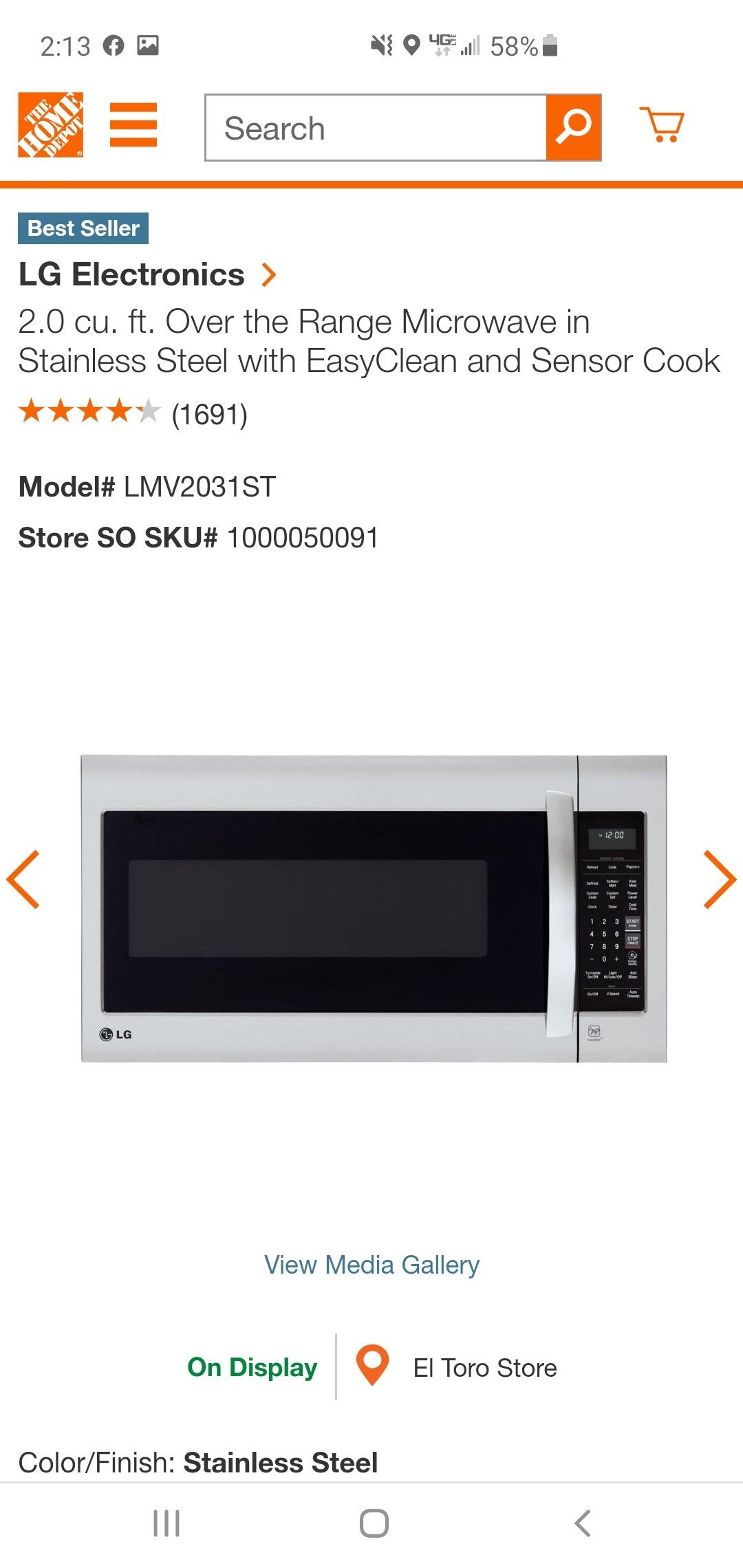 New LG 2.0 CU Over Range Microwave