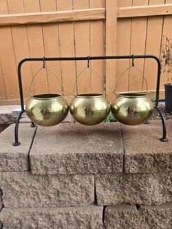 Brass Hanging Pots on Black Iron Stand