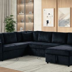 CORDUROY FABRIC SECTIONAL SOFA W POP-UP SLEE AREA & PlSTORAGE CHAISE RAF CHAISE W STORAGE (123”x95”x36”H)