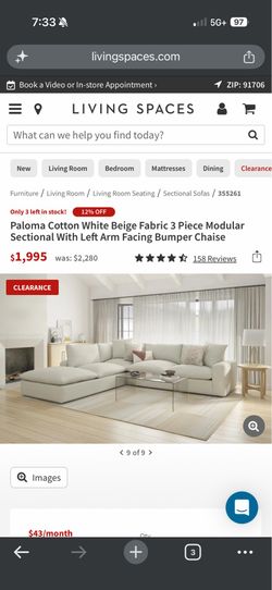 Living Spaces 3 Piece Sectional Paloma Couch White