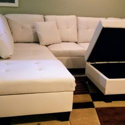 White Leather Sectional and Storage Ottoman ~BRAND NEW~