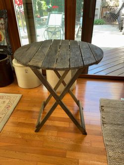 Round teak wood foldable courtyard patio indoor or outdoor table 29”x 25” hi Sturdy great condition