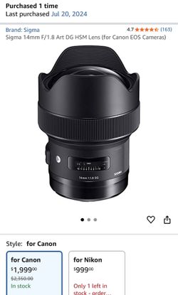 Sigma 14mm F/1.8 Art DG HSM Lens (for Canon EOS/ With Adapter!!