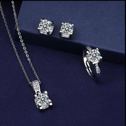 Imitation Moissanite 925 Silver Jewelry Holiday Gift, New S925 Silver Bull Head Imitation Moissanite Ring Earring Necklace Set Women's Style, Elegant 