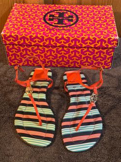 Tory Burch Emmy Patent Thong Sandals Stripe Size 7 Excellent Condition with TB Box
