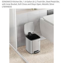 1.6-Gallon (6 L) Trash Bin, Steel Pedal Bin, with Inner Bucket, Soft Close and Stays Open, Metallic Silver LTB590E02
